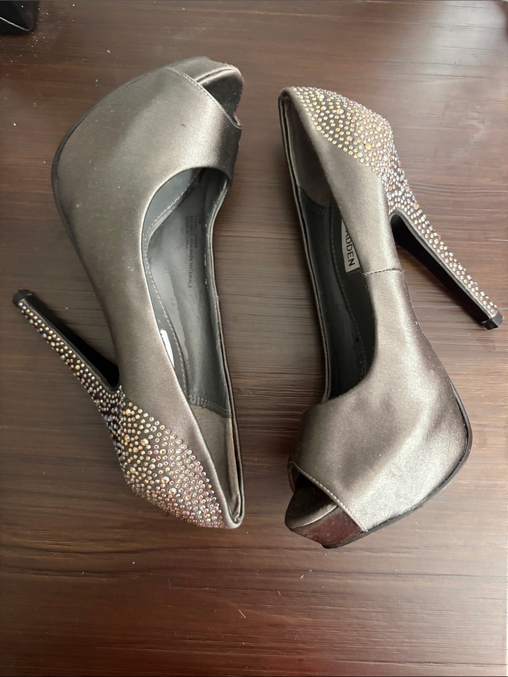 Alden Metallic Pewter Satin Peep-Toe Platform Pumps with Crystal Accents